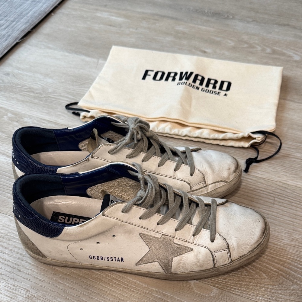 Golden Goose Cream and Navy Sneakers
